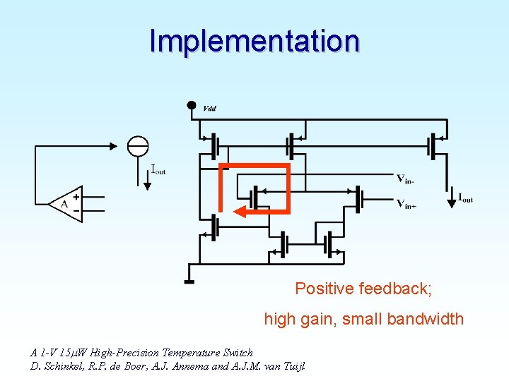 Implementation Positive feedback; high gain, small bandwidth A 1 -V 15 m. W High-Precision