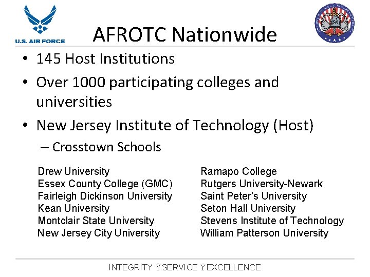 AFROTC Nationwide • 145 Host Institutions • Over 1000 participating colleges and universities •