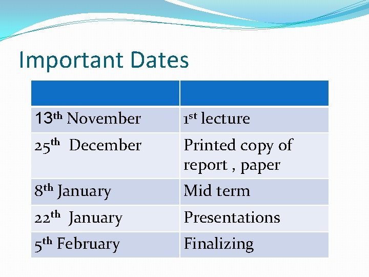 Important Dates 13 th November 1 st lecture 25 th December Printed copy of Important Dates 13 th November 1 st lecture 25 th December Printed copy of