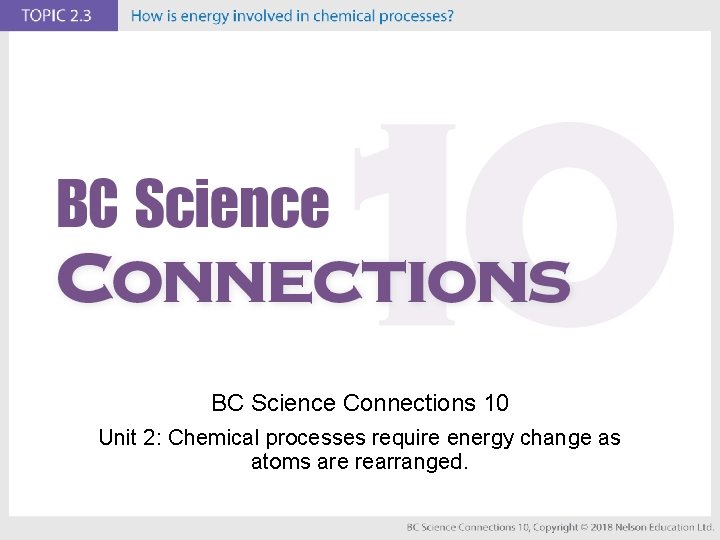 BC Science Connections 10 Unit 2: Chemical processes require energy change as atoms are