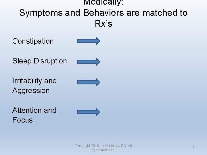 Medically: Symptoms and Behaviors are matched to Rx’s Constipation Sleep Disruption Irritability and Aggression
