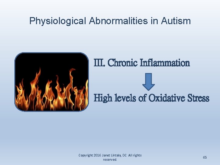 Physiological Abnormalities in Autism III. Chronic Inflammation High levels of Oxidative Stress Copyright 2016