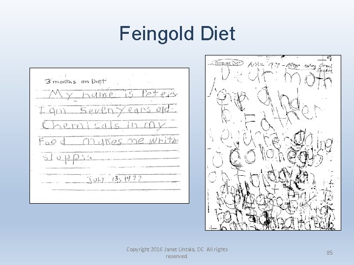Feingold Diet Copyright 2016 Janet Lintala, DC All rights reserved. 85 