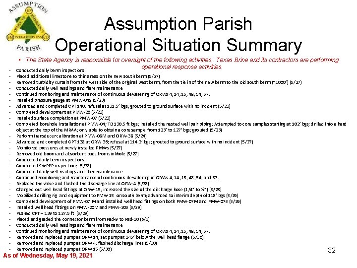 Assumption Parish Operational Situation Summary • The State Agency is responsible for oversight of Assumption Parish Operational Situation Summary • The State Agency is responsible for oversight of