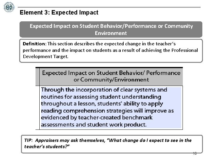 Element 3: Expected Impact on Student Behavior/Performance or Community Environment Definition: This section describes