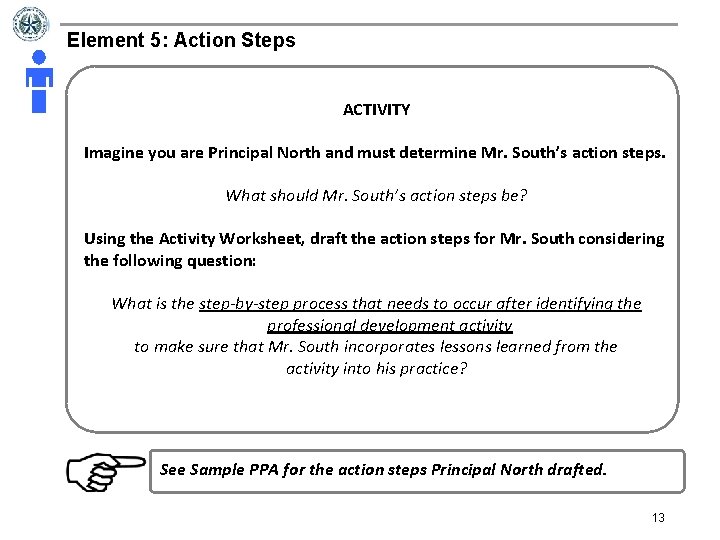 Element 5: Action Steps ACTIVITY Imagine you are Principal North and must determine Mr.