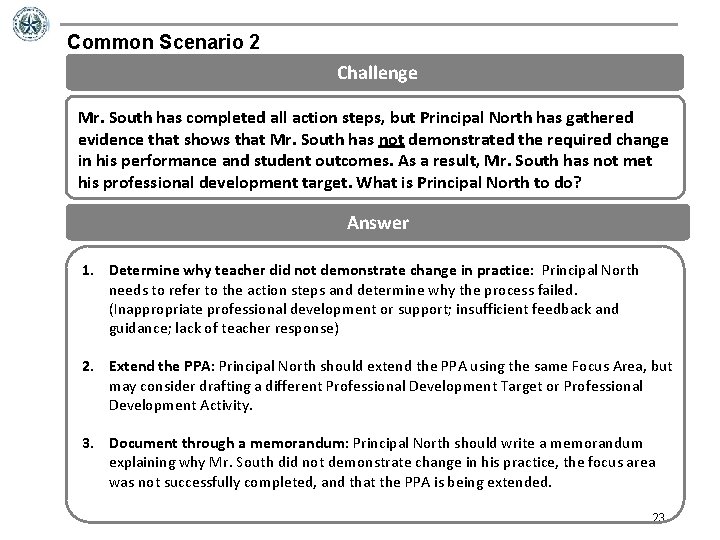 Common Scenario 2 Challenge Mr. South has completed all action steps, but Principal North