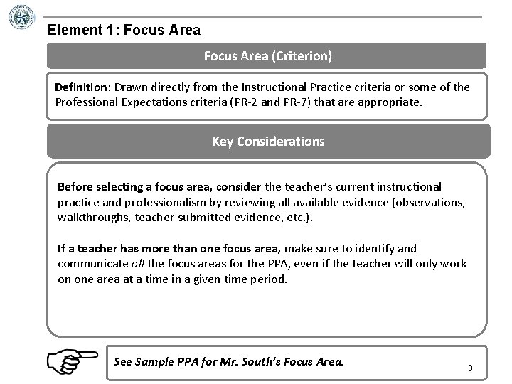 Element 1: Focus Area (Criterion) Definition: Drawn directly from the Instructional Practice criteria or