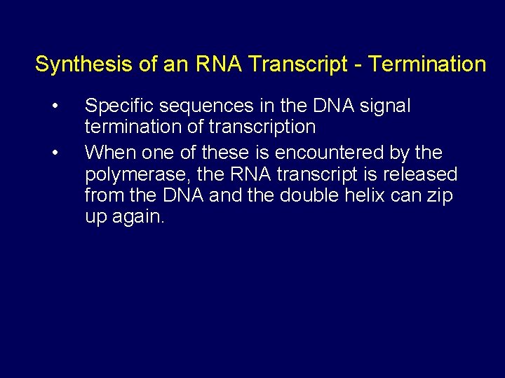 Synthesis of an RNA Transcript - Termination • • Specific sequences in the DNA Synthesis of an RNA Transcript - Termination • • Specific sequences in the DNA