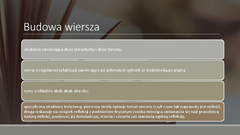 Budowa wiersza struktura zawierająca dwie tetrastychy i dwie tercyny; wersy o regularnej sylabizacji zawierające