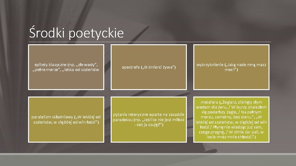 Środki poetyckie epitety klasyczne (np. „złe wody”, „pełne morze”, „lekka od szaleństw paralelizm składniowy