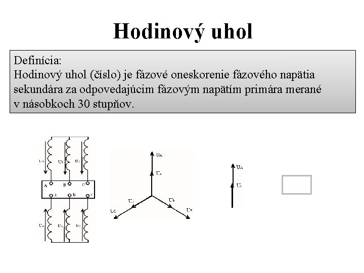 Hodinový uhol Definícia: Hodinový uhol (číslo) je fázové oneskorenie fázového napätia sekundára za odpovedajúcim