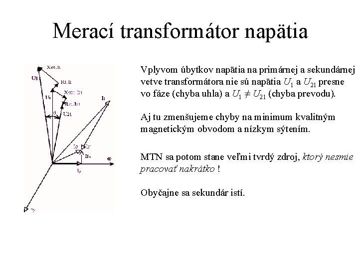 Merací transformátor napätia Vplyvom úbytkov napätia na primárnej a sekundárnej vetve transformátora nie sú