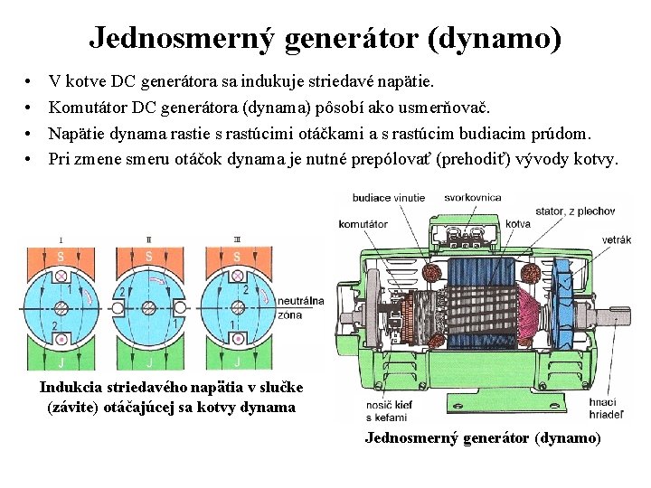 Jednosmerný generátor (dynamo) • • V kotve DC generátora sa indukuje striedavé napätie. Komutátor