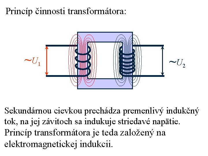 Princíp činnosti transformátora: ~ U 1 ~ U 2 Sekundárnou cievkou prechádza premenlivý indukčný