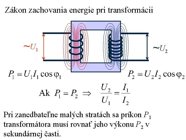 Zákon zachovania energie pri transformácii ~ U 1 Pri zanedbateľne malých stratách sa príkon