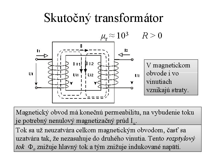 Skutočný transformátor μr ≈ 103 R>0 V magnetickom obvode i vo vinutiach vznikajú straty.