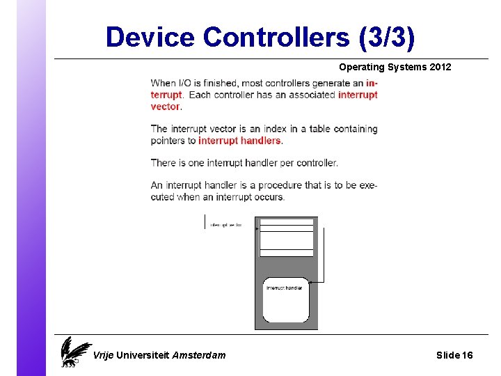 Device Controllers (3/3) Operating Systems 2012 Vrije Universiteit Amsterdam Slide 16 