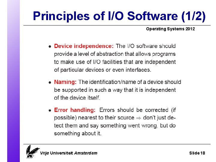 Principles of I/O Software (1/2) Operating Systems 2012 Vrije Universiteit Amsterdam Slide 18 
