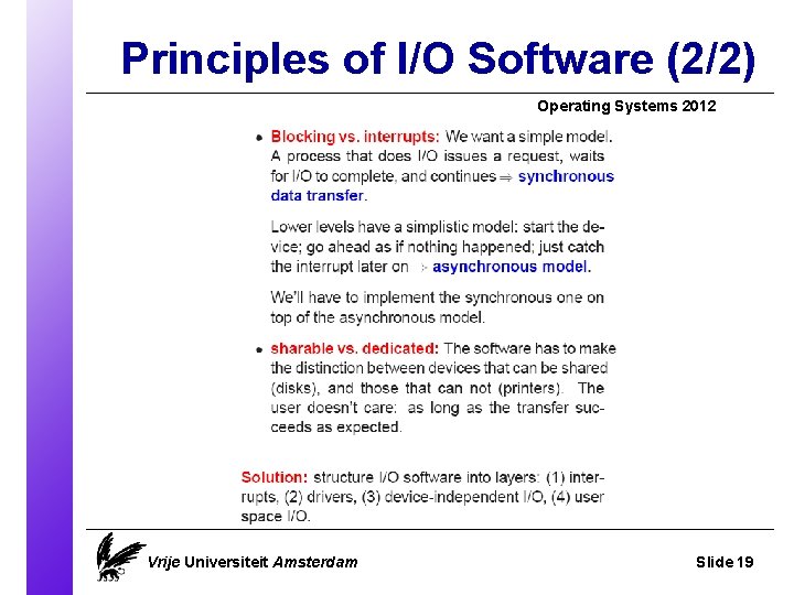 Principles of I/O Software (2/2) Operating Systems 2012 Vrije Universiteit Amsterdam Slide 19 