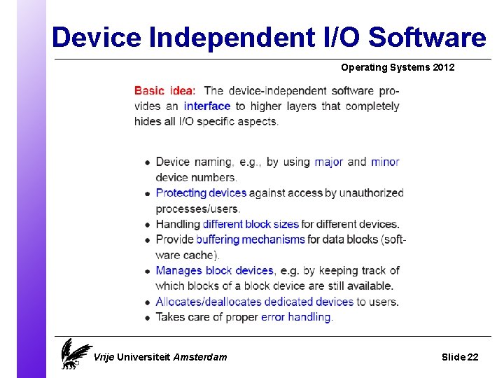 Device Independent I/O Software Operating Systems 2012 Vrije Universiteit Amsterdam Slide 22 