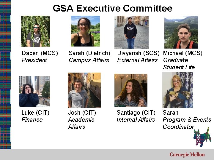 GSA Executive Committee Dacen (MCS) President Sarah (Dietrich) Campus Affairs Divyansh (SCS) Michael (MCS)