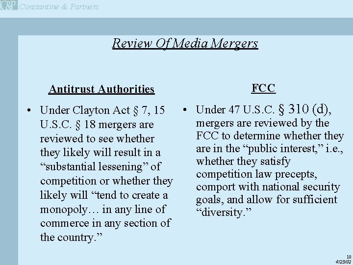 Constantine & Partners Review Of Media Mergers Antitrust Authorities FCC • Under Clayton Act