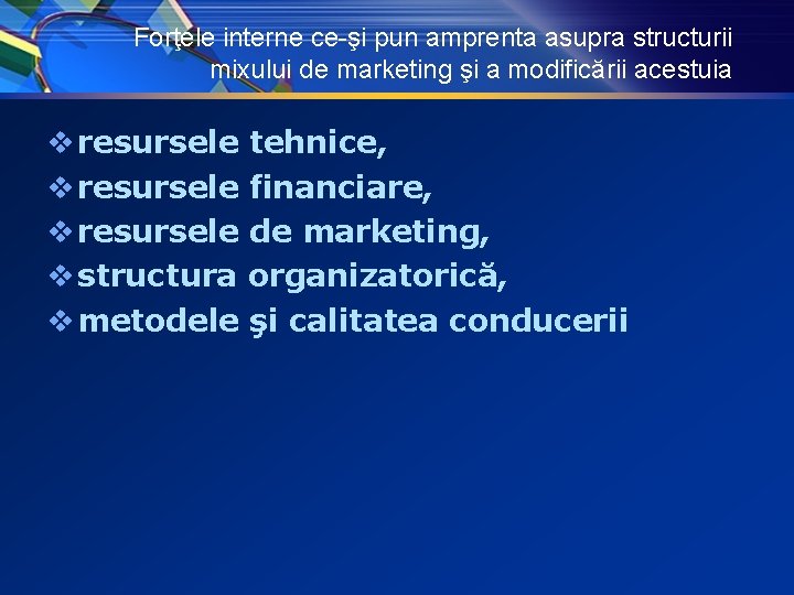 Forţele interne ce-şi pun amprenta asupra structurii mixului de marketing şi a modificării acestuia