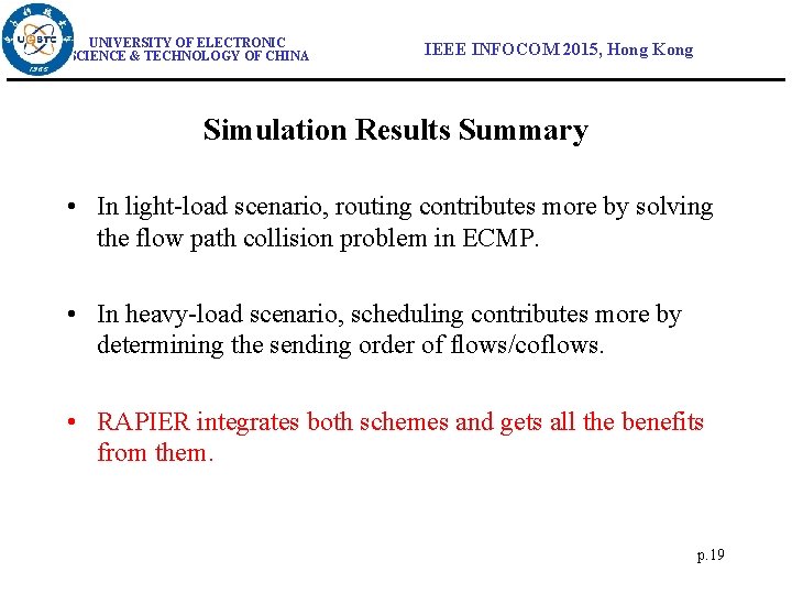 UNIVERSITY OF ELECTRONIC SCIENCE & TECHNOLOGY OF CHINA IEEE INFOCOM 2015, Hong Kong Simulation
