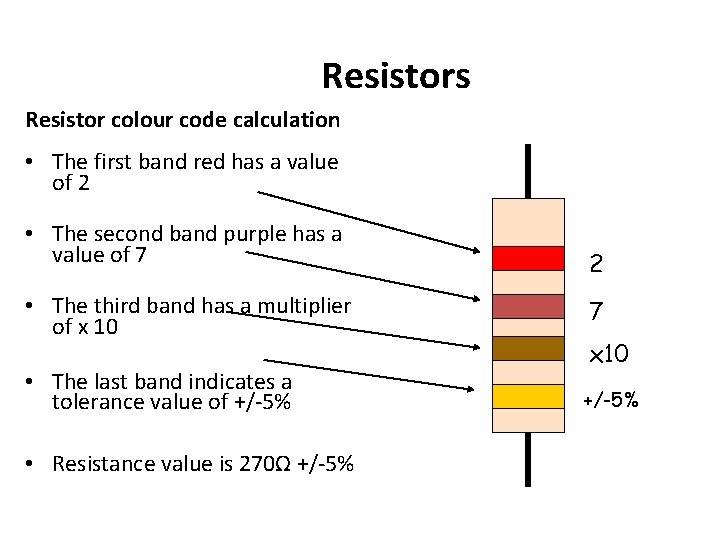 Resistors Resistor colour code calculation • The first band red has a value of