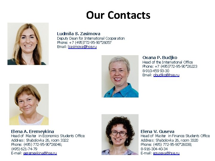 Contac Our Contacts Ludmila S. Zasimova Deputy Dean for International Cooperation Phone: +7 (495)772