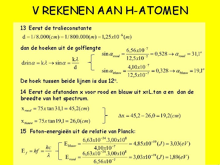 V REKENEN AAN H-ATOMEN 13 Eerst de tralieconstante dan de hoeken uit de golflengte