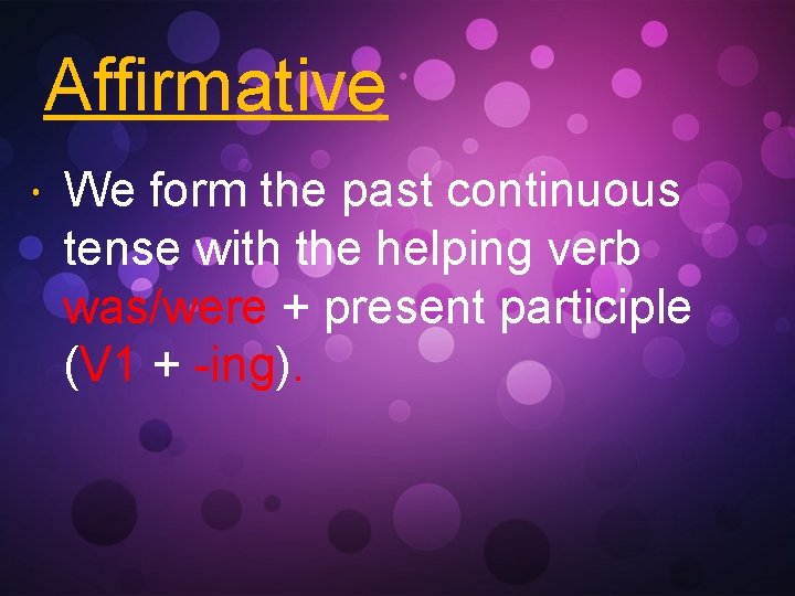Affirmative We form the past continuous tense with the helping verb was/were + present