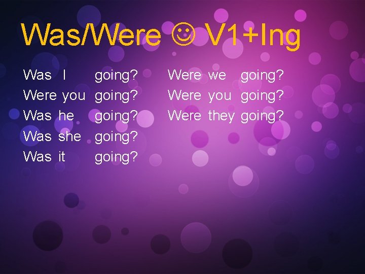 Was/Were V 1+Ing Was I Were you Was he Was she Was it going?