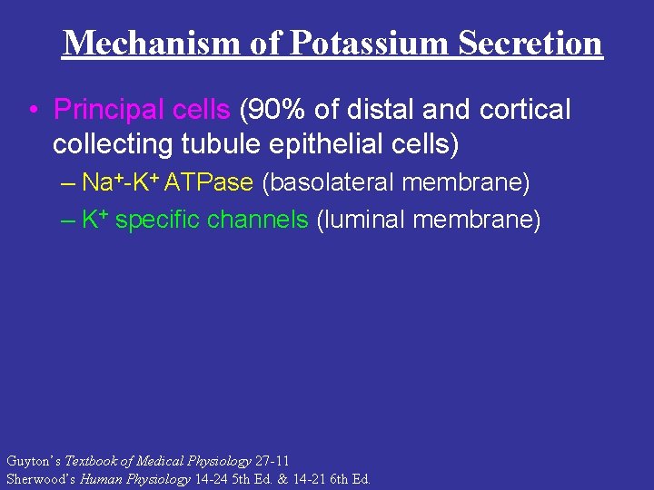 Mechanism of Potassium Secretion • Principal cells (90% of distal and cortical collecting tubule