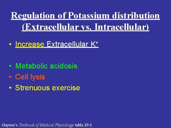 Regulation of Potassium distribution (Extracellular vs. Intracellular) • Increase Extracellular K+ • Metabolic acidosis