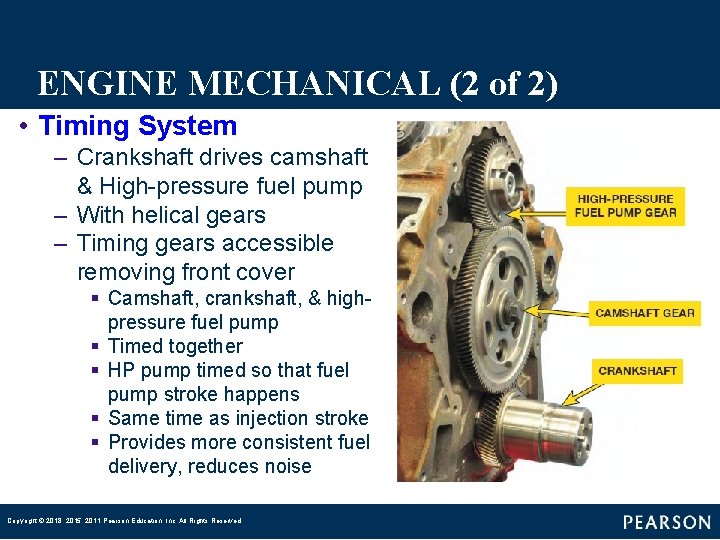 ENGINE MECHANICAL (2 of 2) • Timing System – Crankshaft drives camshaft & High-pressure