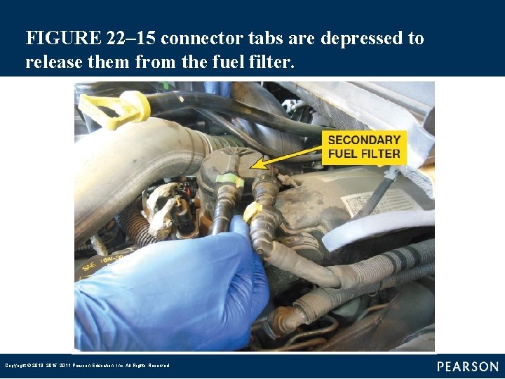 FIGURE 22– 15 connector tabs are depressed to release them from the fuel filter.