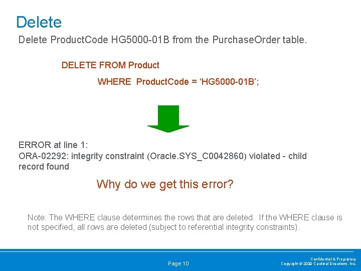 Delete Product. Code HG 5000 -01 B from the Purchase. Order table. DELETE FROM