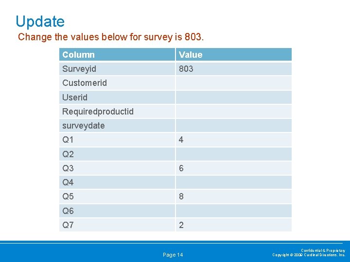 Update Change the values below for survey is 803. Column Value Surveyid 803 Customerid