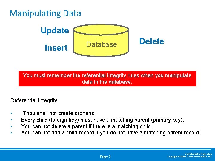 Manipulating Data Update Insert Database Delete You must remember the referential integrity rules when