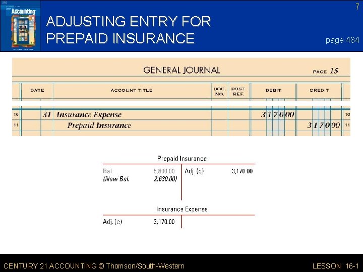 7 ADJUSTING ENTRY FOR PREPAID INSURANCE CENTURY 21 ACCOUNTING © Thomson/South-Western page 484 LESSON