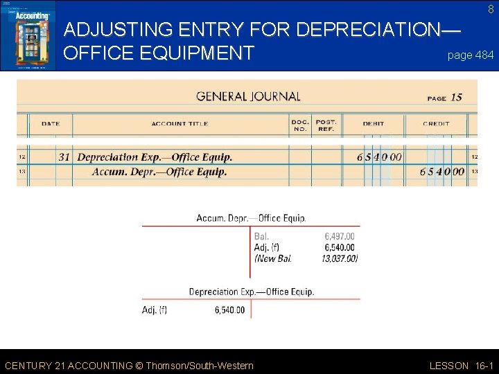 8 ADJUSTING ENTRY FOR DEPRECIATION— page 484 OFFICE EQUIPMENT CENTURY 21 ACCOUNTING © Thomson/South-Western