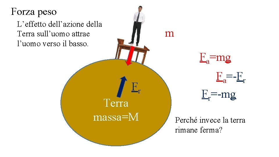 Forza peso L’effetto dell’azione della Terra sull’uomo attrae l’uomo verso il basso. m Fa Forza peso L’effetto dell’azione della Terra sull’uomo attrae l’uomo verso il basso. m Fa
