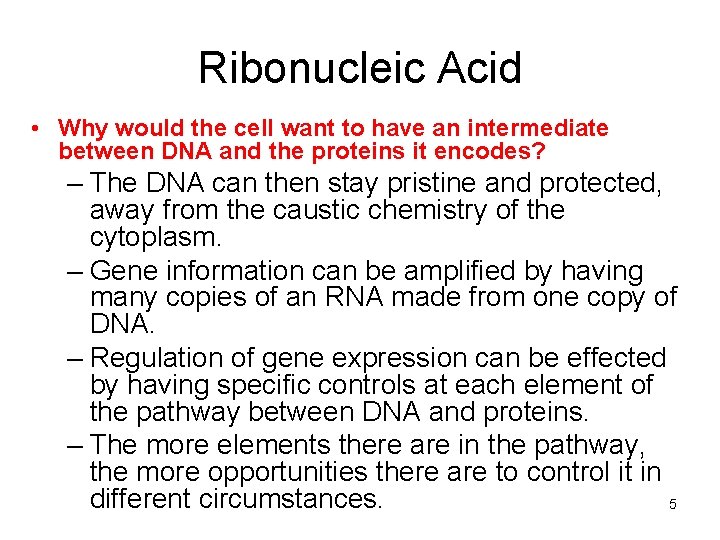 Ribonucleic Acid • Why would the cell want to have an intermediate between DNA