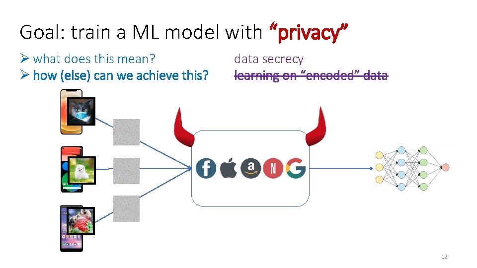 Goal: train a ML model with “privacy” Ø what does this mean? Ø how