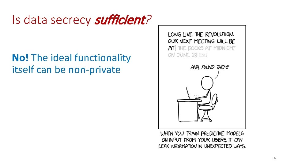 Is data secrecy sufficient? No! The ideal functionality itself can be non-private 14 