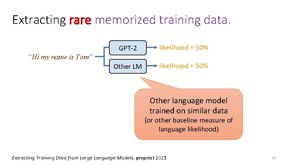Extracting rare memorized training data. GPT-2 likelihood = 50% Other LM likelihood = 50%