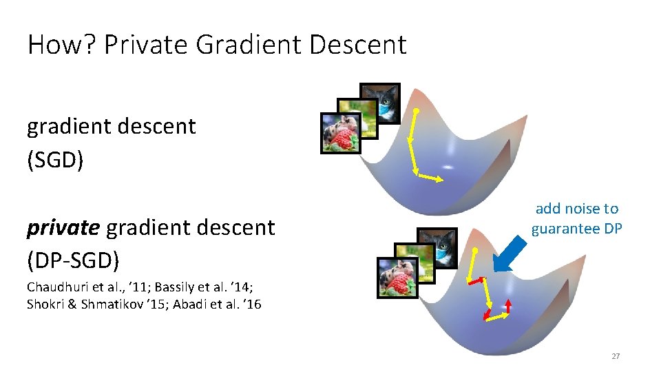 How? Private Gradient Descent gradient descent (SGD) private gradient descent (DP-SGD) add noise to