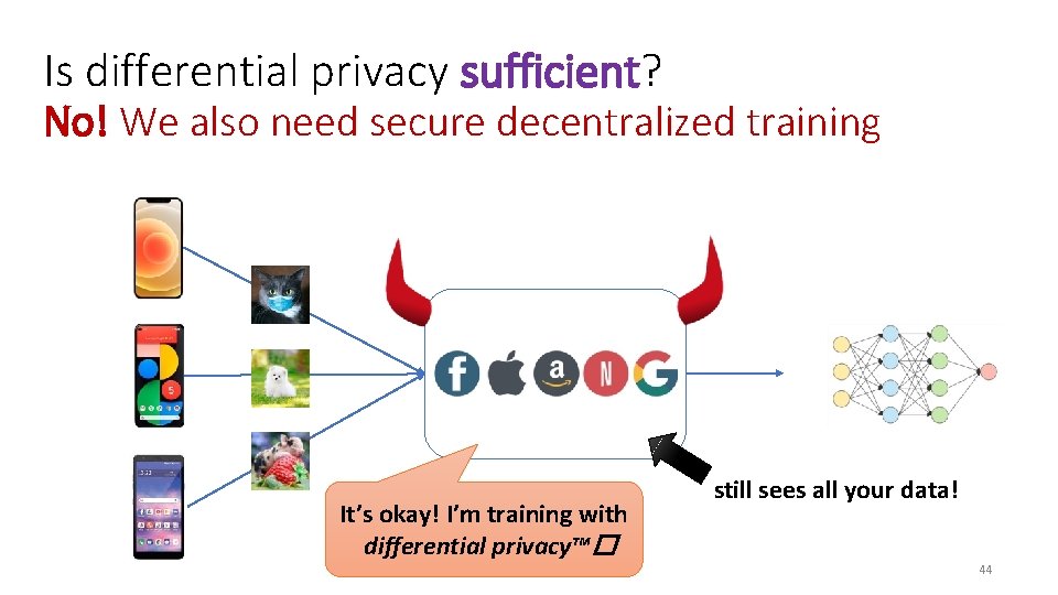 Is differential privacy sufficient? No! We also need secure decentralized training It’s okay! I’m